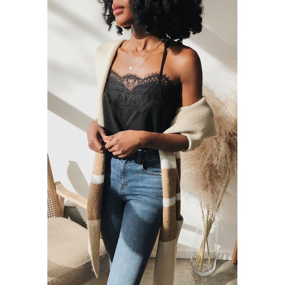 Lulus Black Satin Eyelash Lace Cami Tank Top Womens Small Adjustable Straps